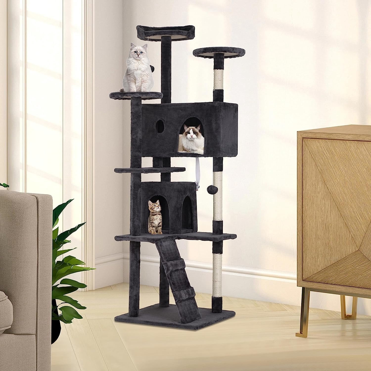 Dkelincs 70"H Large Multilevel Cat Tree, Double Condo Cat Tower with Scratching Post Tower & 3 Top Perches, Dark Gray