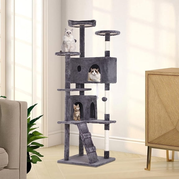 Dkelincs 70"H Large Multilevel Cat Tree, Double Condo Cat Tower with Scratching Post Tower & 3 Top Perches, Light Gray