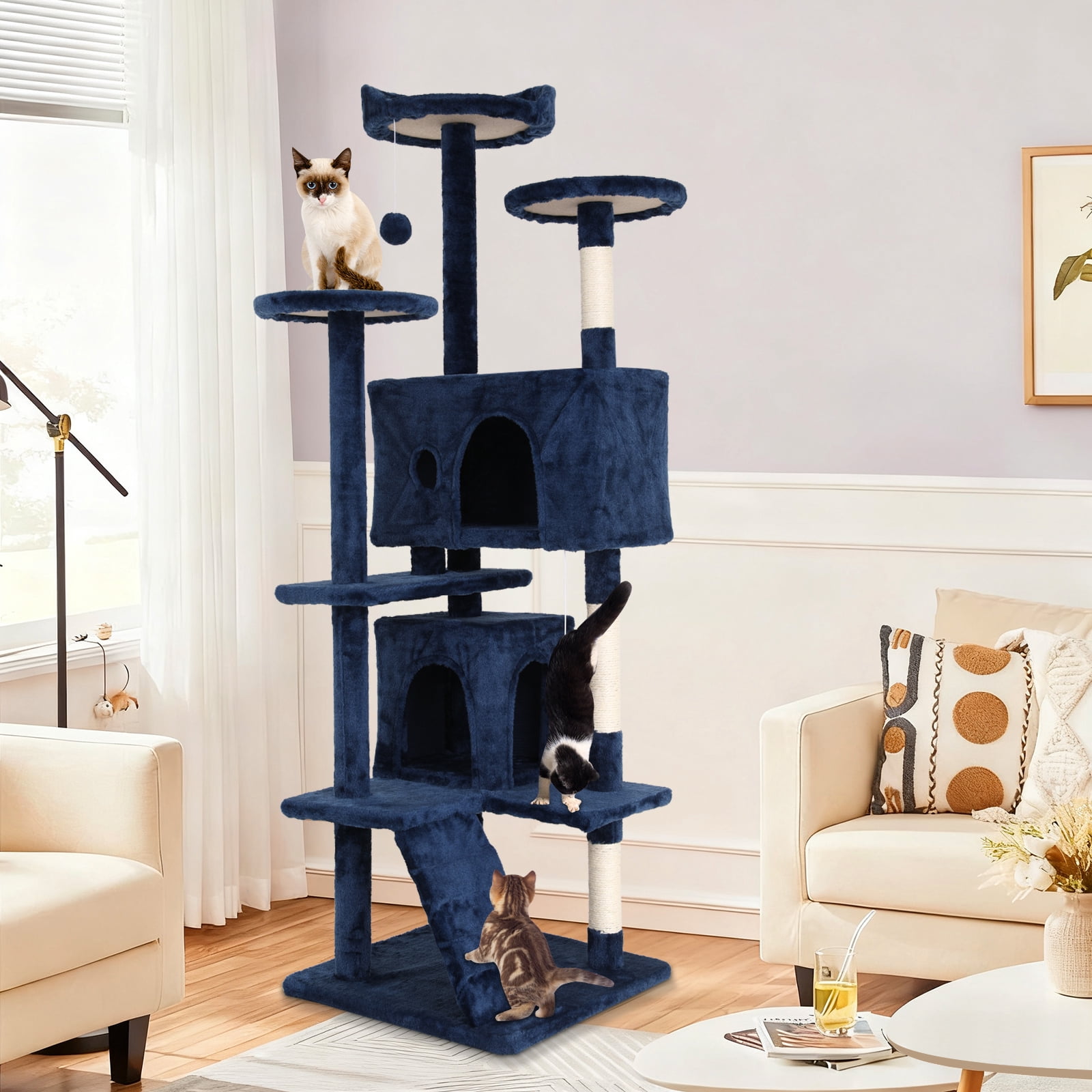 Dkelincs 70" Large Cat Tree Tower Multi-Level Cat Condo Pet Play House with Scratching Post & Hanging Toy for Indoor Cats, Navy Blue