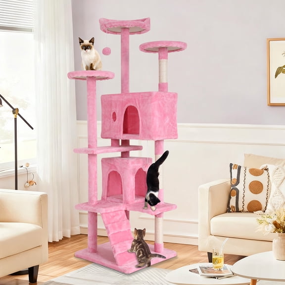 Dkelincs 70" Large Cat Tree Tower Multi-Level Cat Condo Pet Play House with Scratching Post & Hanging Toy for Indoor Cats, Pink