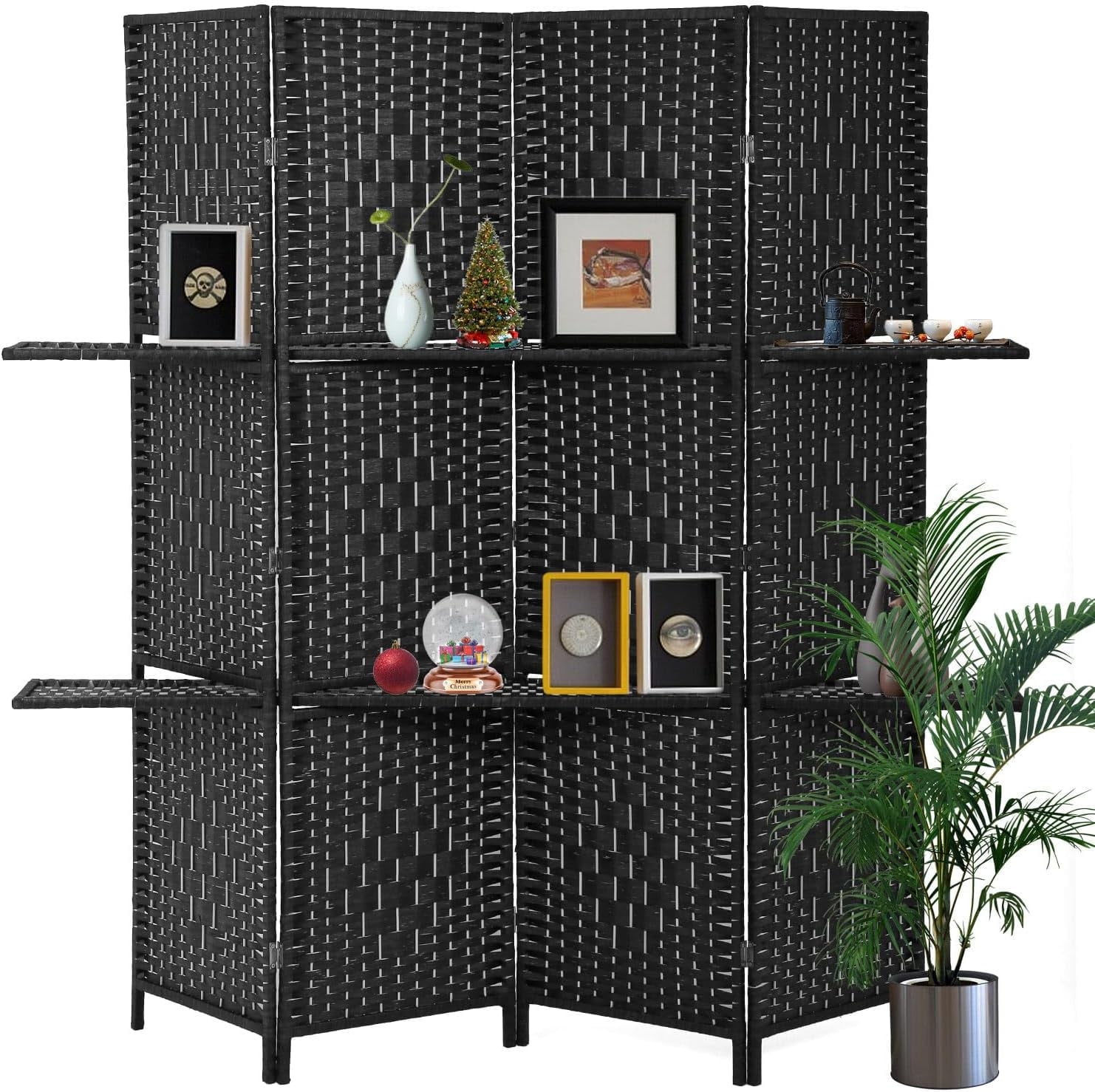 Dkelincs 71 inch Wooden Room Dividers 4 Panel Portable Folding Privacy Screen with Shelves, Black