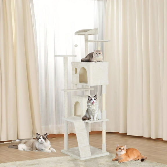 Dkelincs 81" Multi-Level Cat Tree Tower with Scratching Posts, 2 Condos & 3 Top Perches, Cat Condo Furniture Activity Center for Kittens Pet Play, Beige