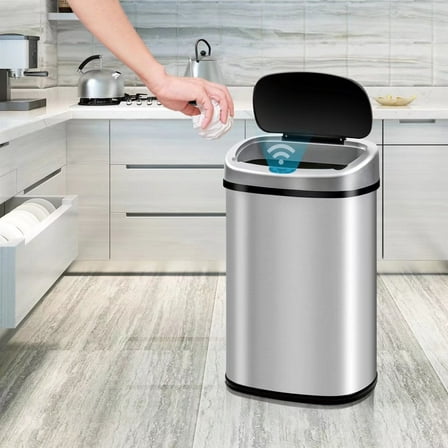 Dkelincs Automatic 13 Gallon Kitchen Can Stainless Steel Touch Free Trash Can with Lid Waste Bin for Kitchen Bathroom Bedroom Office, Powered by 4x C Batteries Trash Can