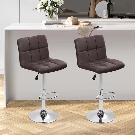Dkelincs Bar Stools Set of 2 Counter Height Stools PU Leather Swivel Bar Height Stools Modern Square Bar Stools Height Adjustable Bar Chairs with Chrome Base & Footrest, Brown
