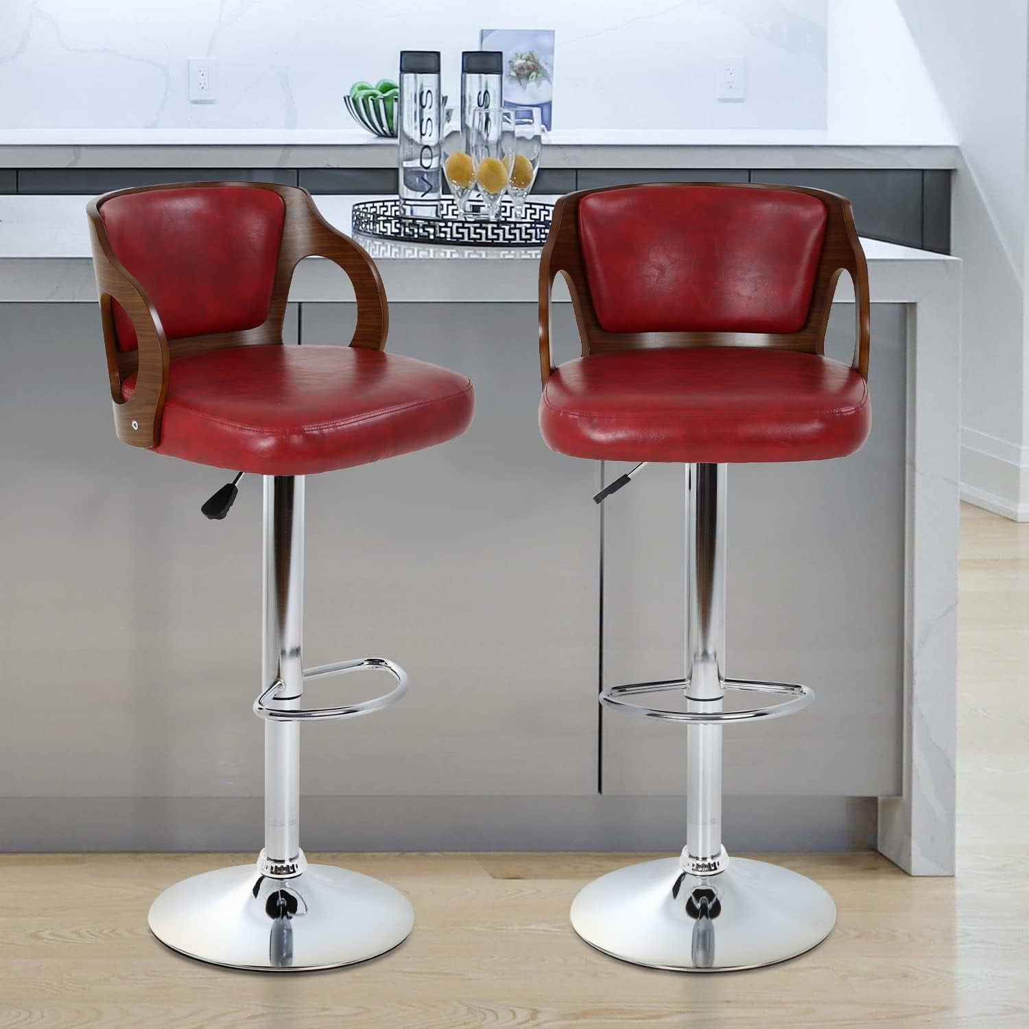 Dkelincs Bar Stools Set of 2, Adjustable Counter Height Stool Swivel Kitchen Dining Chairs with Backrest & Arms, Red