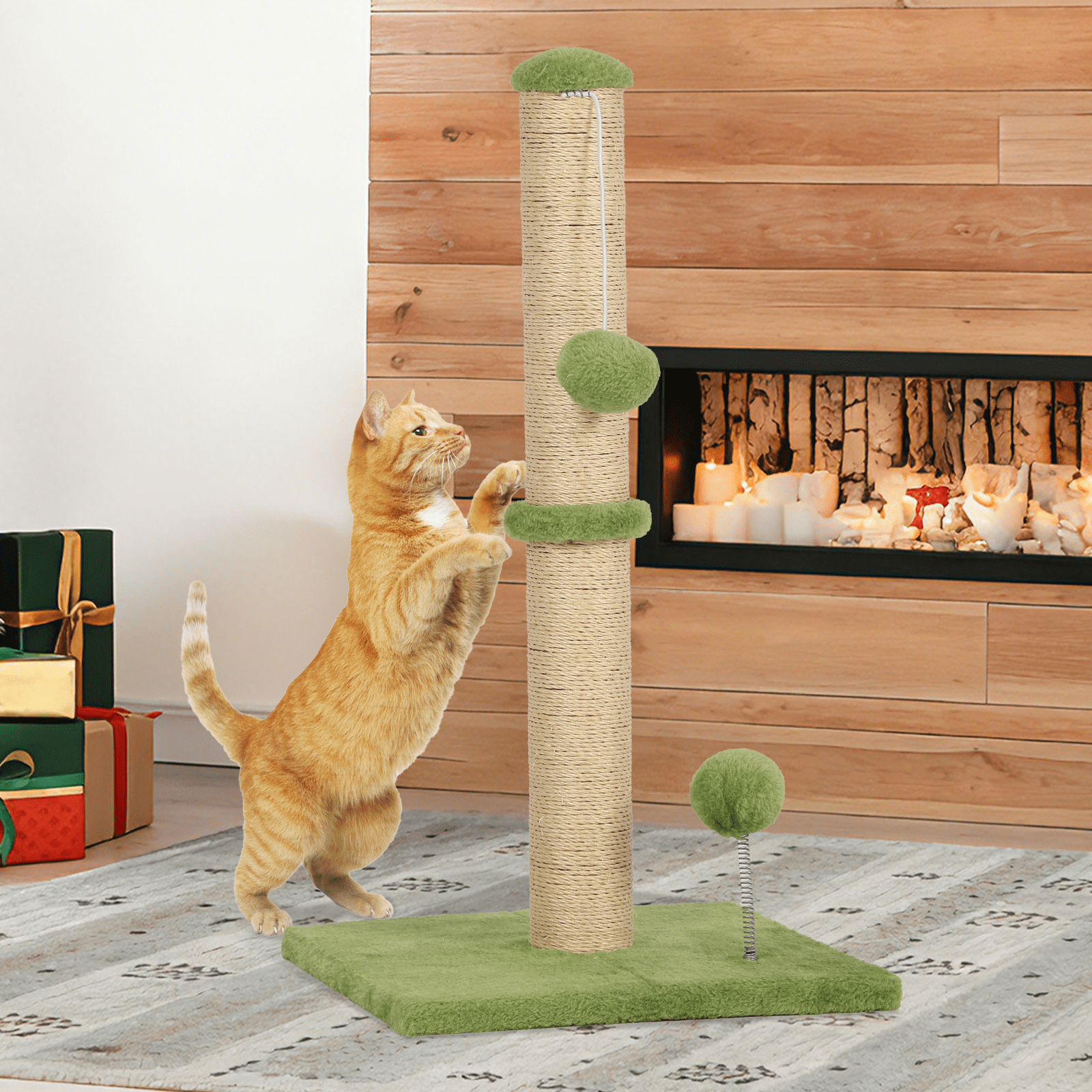 Dkelincs Cat Scratching Post with Sisal & Spring Ball Toy 22" Tall Cat Scratcher for Indoor Cats/Kittens Natural Sisal Scratch Post Trees for Living Room Bedroom, Green