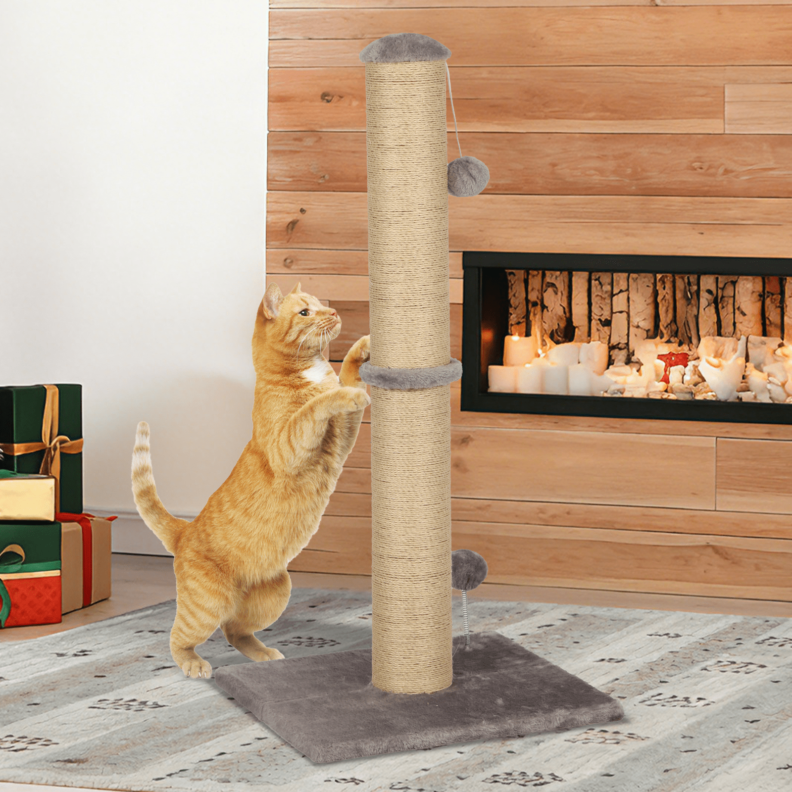 Dkelincs Cat Scratching Post with Sisal & Spring Ball Toy 22" Tall Cat Scratcher for Indoor Cats/Kittens Natural Sisal Scratch Post Trees for Living Room Bedroom, Light Gray