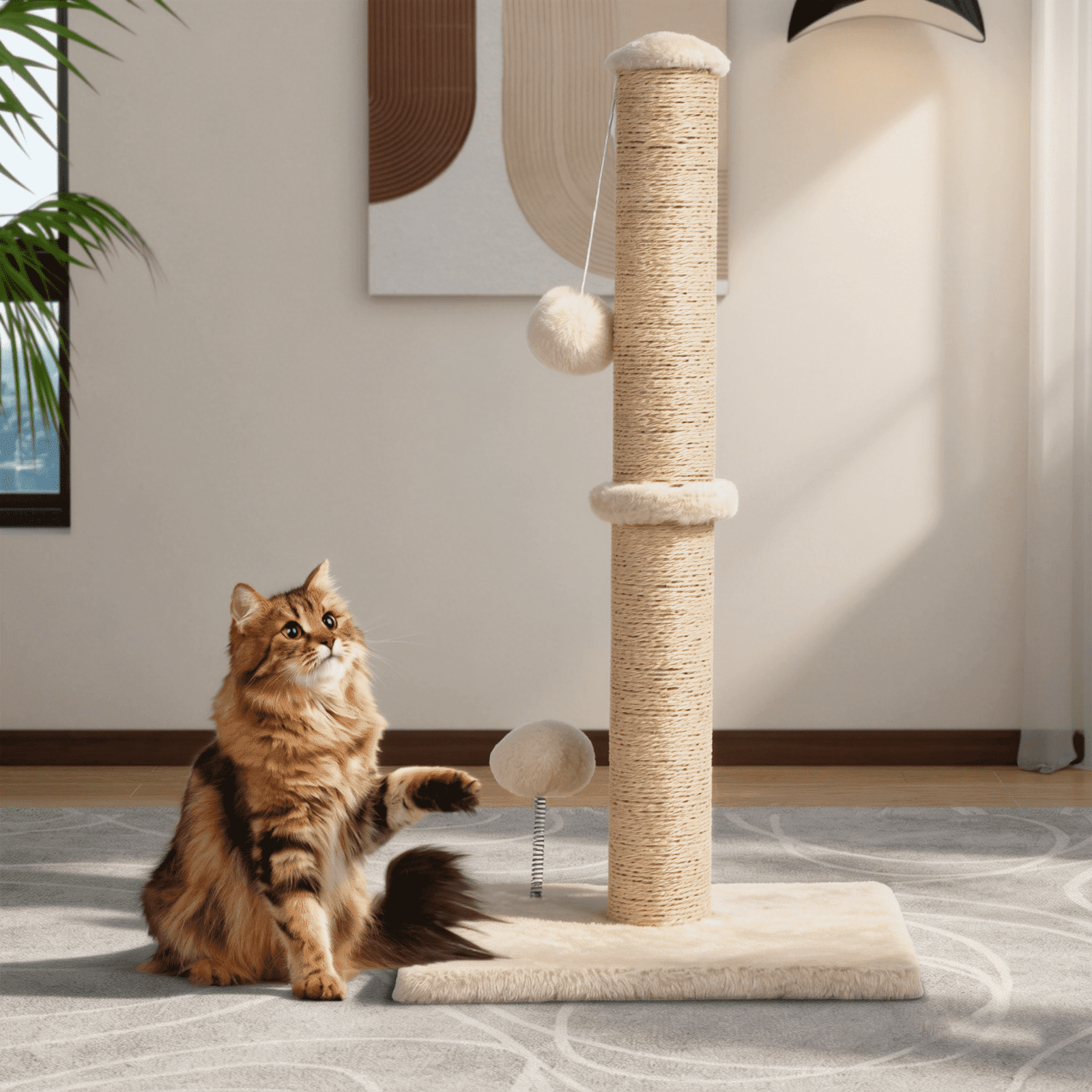 Dkelincs Cat Scratching Post with Sisal & Spring Ball Toy 33" Tall Cat Scratcher for Indoor Cats/Kittens Natural Sisal Scratch Post Trees for Living Room Bedroom, Beige
