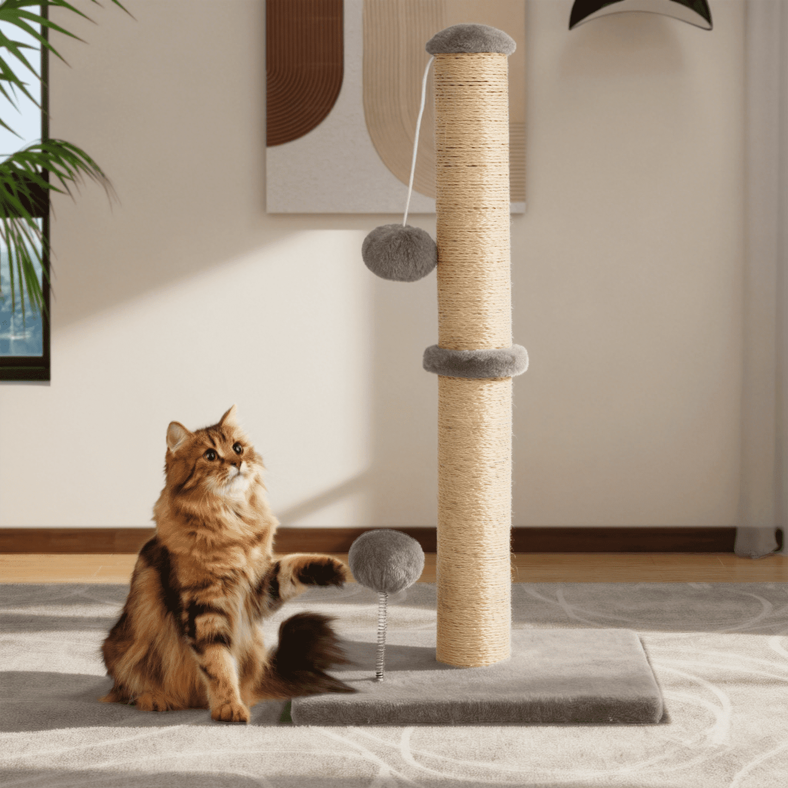 Dkelincs Cat Scratching Post with Sisal & Spring Ball Toy 33" Tall Cat Scratcher for Indoor Cats/Kittens Natural Sisal Scratch Post Trees for Living Room Bedroom, Light Gray