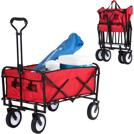Dkelincs Collapsible Folding Wagon Cart, Portable Outdoor Garden Wagon Utility Beach Wagon with Side Pocket for Camping Shopping Picnic Grocery Outdoor Activities, Red
