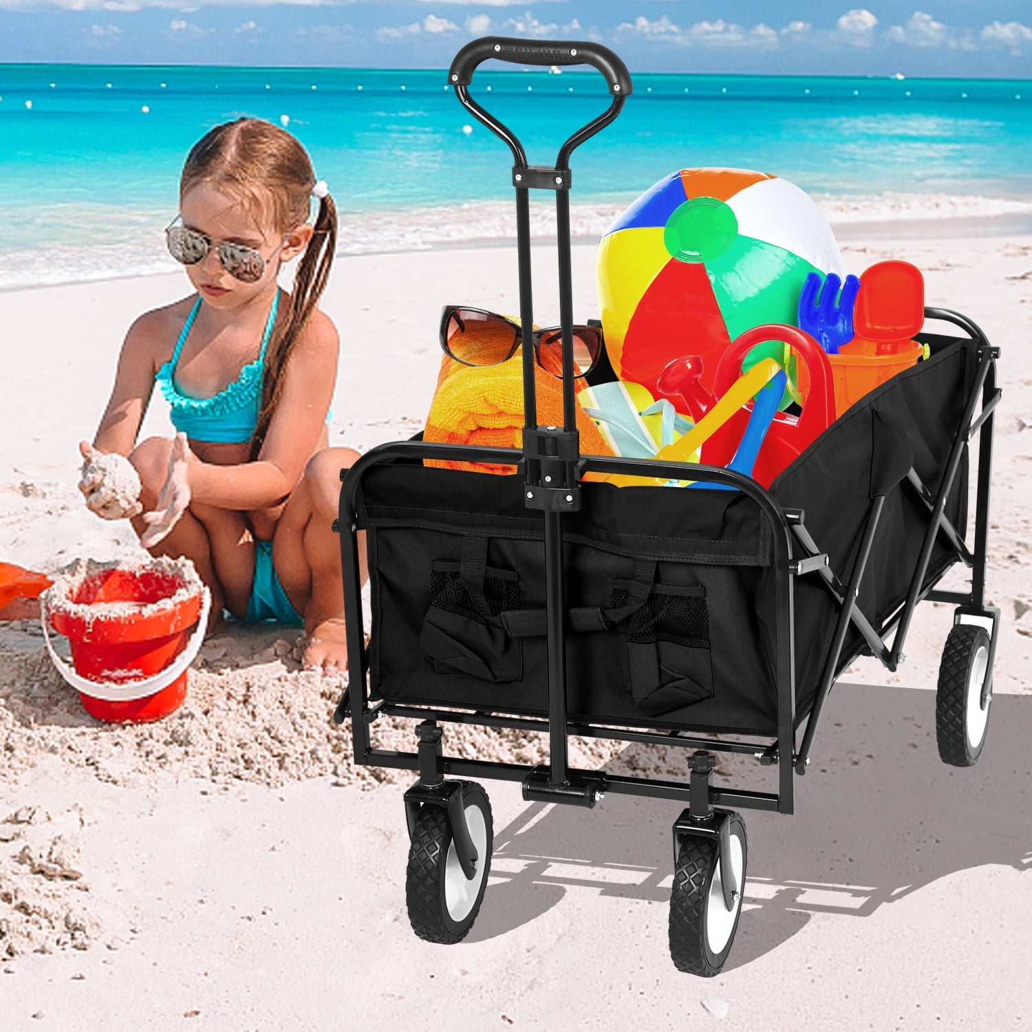 Folding Wagon Cart, Portable Large Capacity Beach Wagon, Heavy