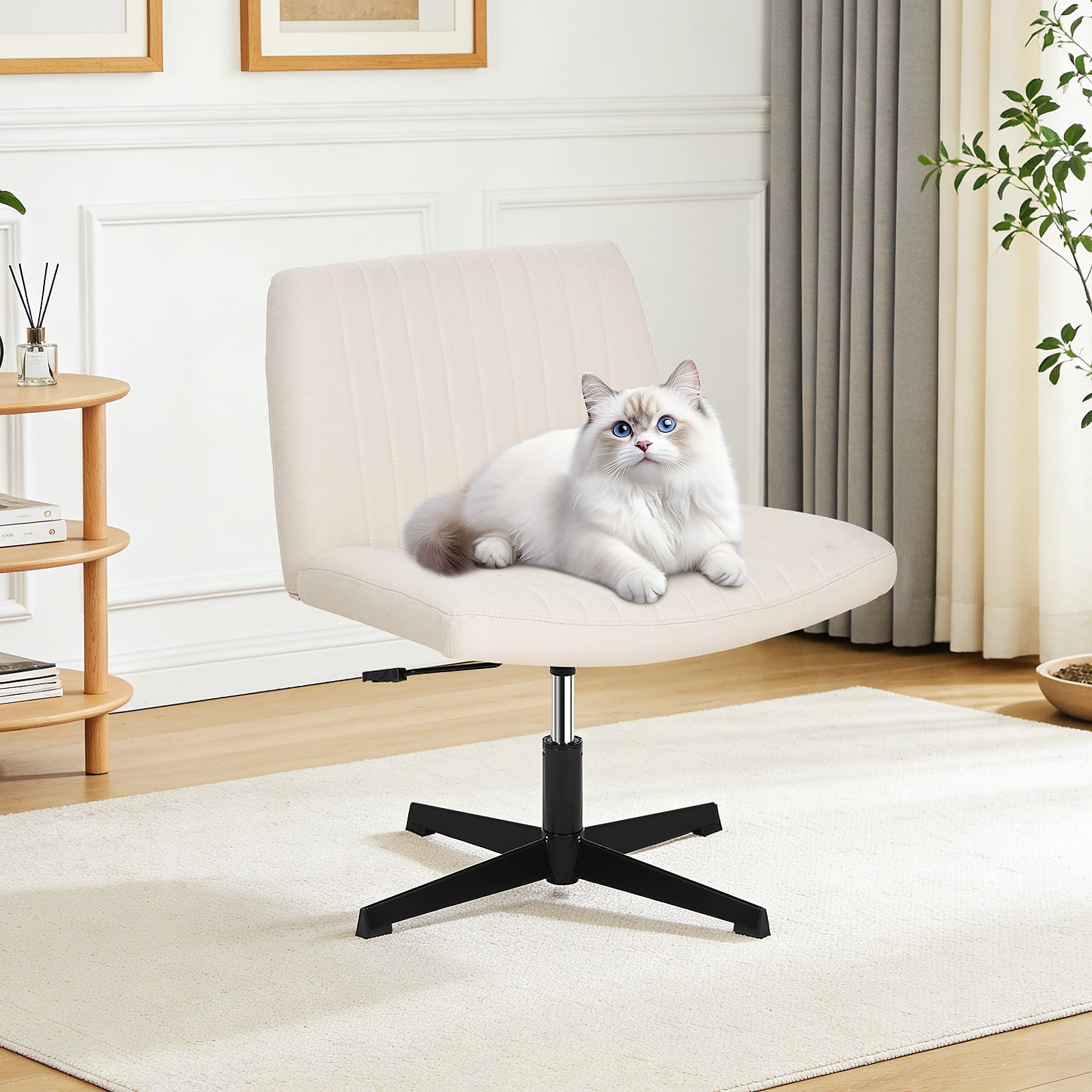 Dkelincs Criss Cross Chair Adjustable Wide Computer Desk Chair Armless Vanity Chair Modern Task Chair No Wheels, Beige