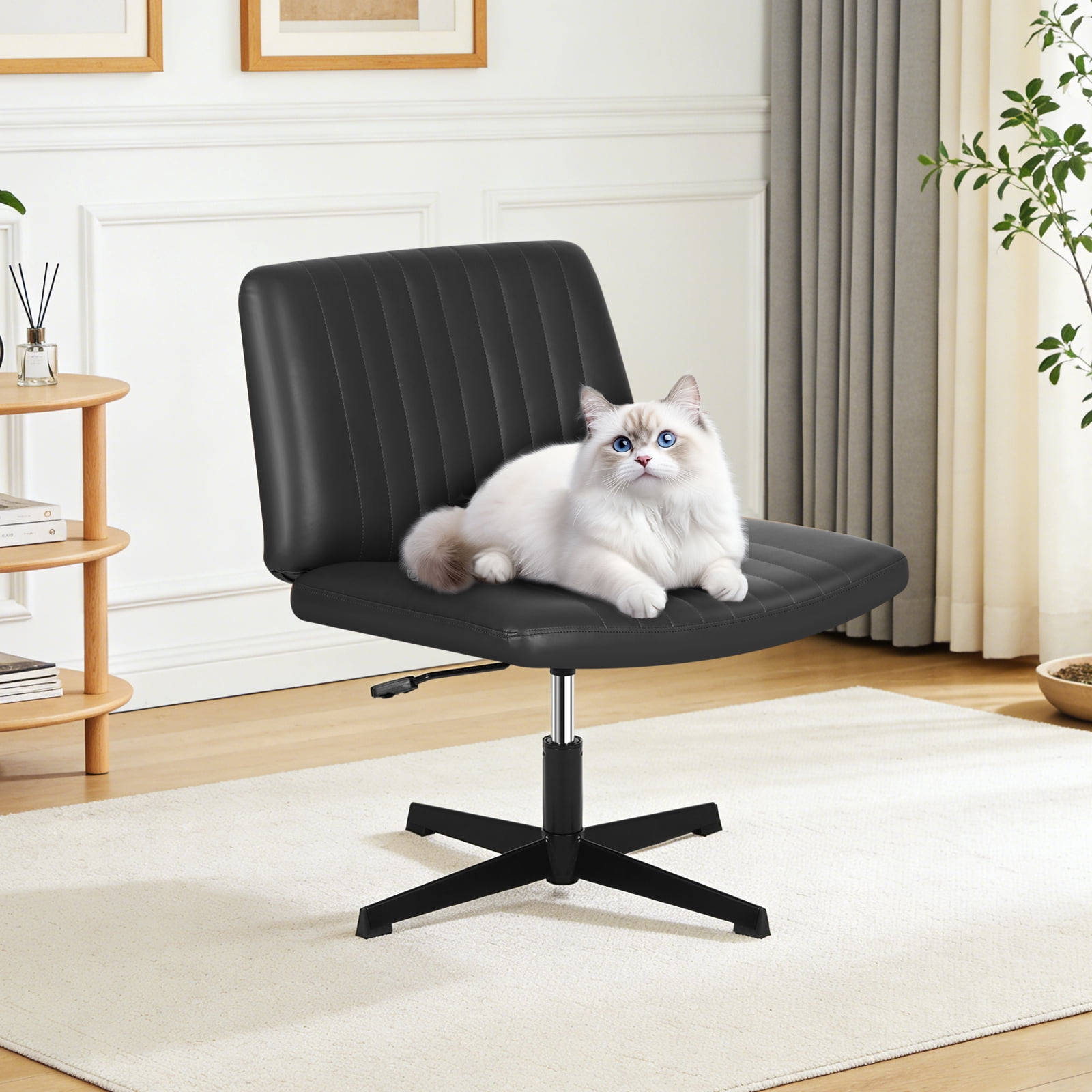 Dkelincs Criss Cross Chair Adjustable Wide Computer Desk Chair Armless Vanity Chair Modern Task Chair No Wheels, Black