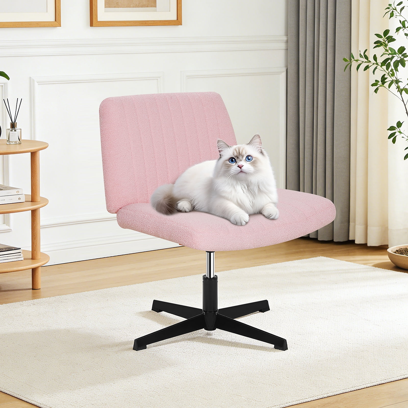 Dkelincs Criss Cross Chair Adjustable Wide Computer Desk Chair Armless Vanity Chair Modern Task Chair No Wheels, Pink