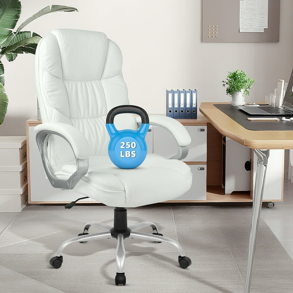 Dkelincs Ergonomic Office Chair PU Leather High Back Height Adjustable Computer Desk Chair, 250 lbs Executive Swivel Task Chair for Home Office, White