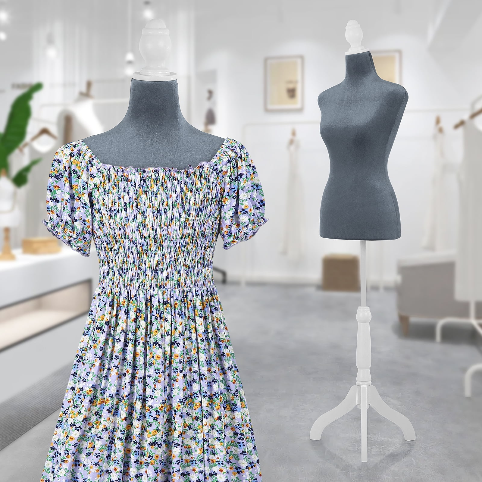 Dkelincs Female Mannequin Torso with Wooden Tripod Stand Adjustable Dress Form for Dress Jewelry Display, Grey