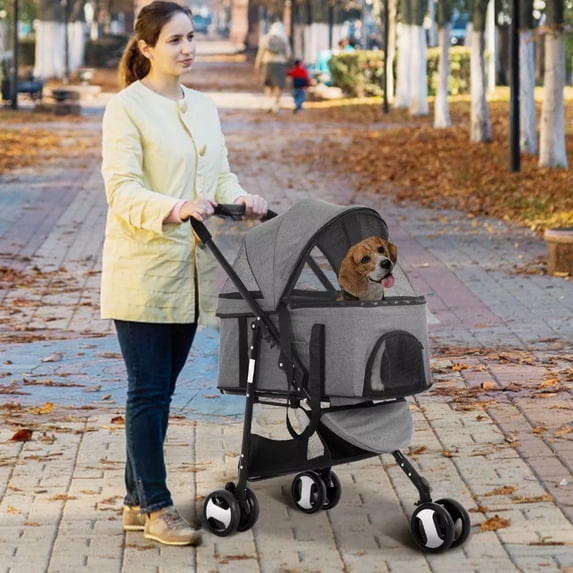 Dkelincs Folding Pet Stroller 3 Wheels Dog Stroller for Medium Dogs with Detachable Carrier, Grey
