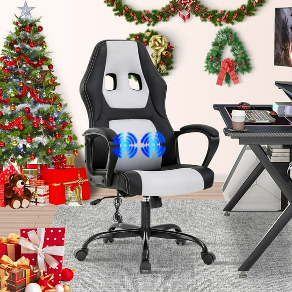 Dkelincs Gaming Chair Massage Computer Desk Chair Adjustable PU Leather Office Chair with Massage Lumbar Support for Teens, White