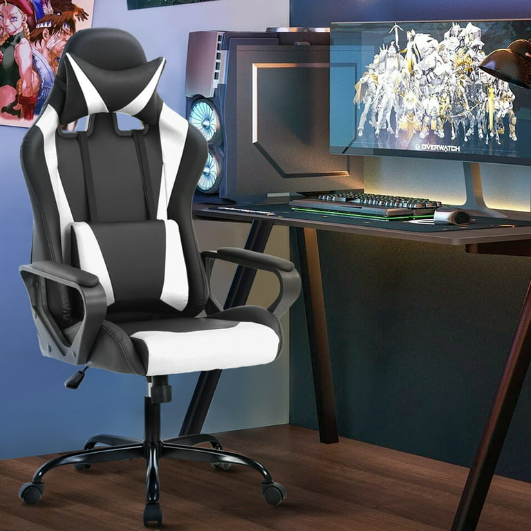 Dkelincs Gaming Chair for Teens PC Computer Chairs with Headrest,Waist  Pillow and Quiet Rolling Wheels, White