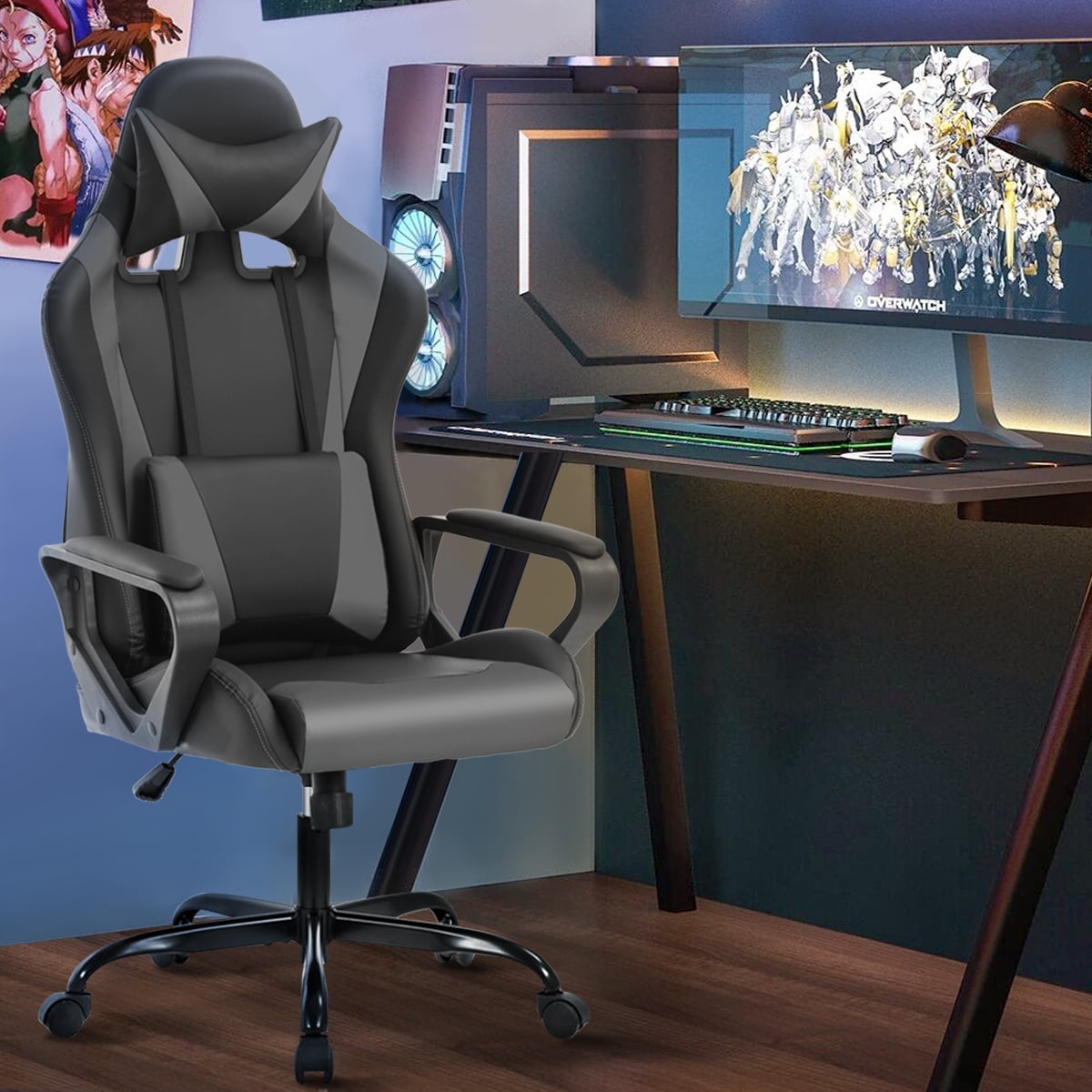 Dkelincs Gaming Chair for Teens PU Leather Computer Chairs with Headrest,Waist Pillow and Quiet Rolling Wheels, Gray