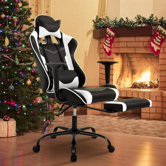 Dkelincs Gaming Chair with Headrest & Lumbar Support PU Leather Adjustable Computer Desk Chair with Footrest, White