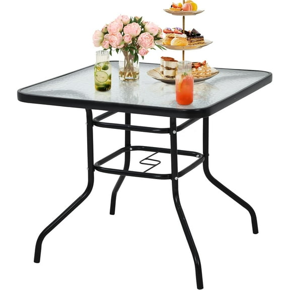 Dkelincs Glass Patio Table with 1.57" Umbrella Hole, 32 inch Square Outdoor Bistro Dining Table with Tempered Glass Top