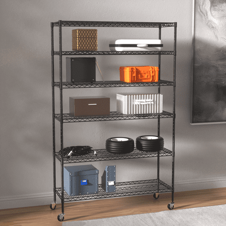Dkelincs Heavy Duty Metal Shelf 6000 lbs Capacity 6 Tier Wire Shelving Unit Adjustable Storage Rack with Wheels, Black