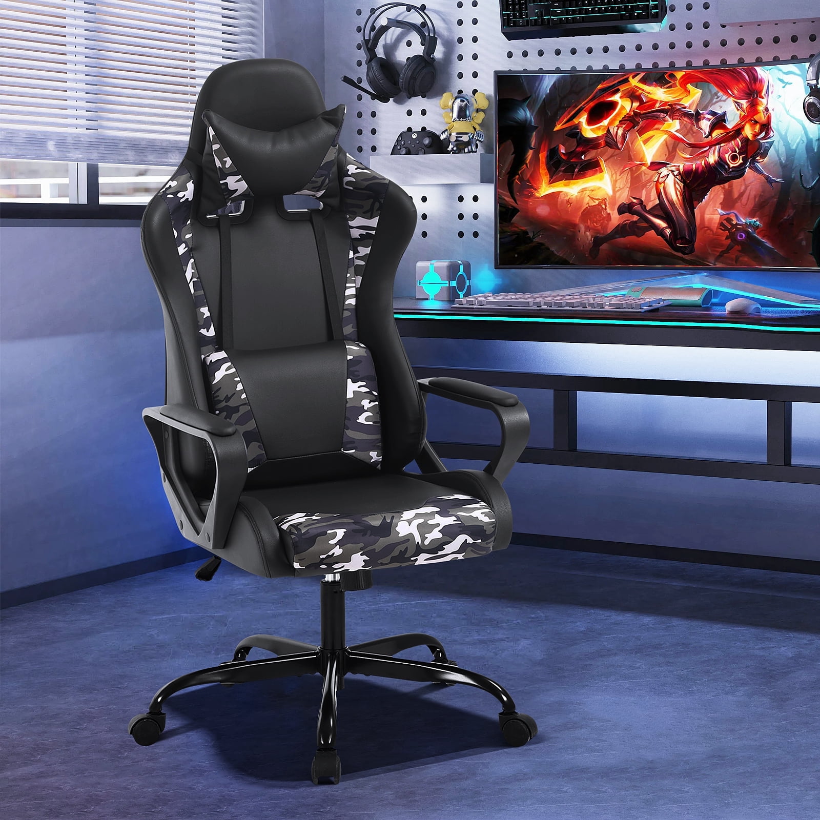 Dkelincs High Back Gaming Chair Racing Office Chair Leather Ergonomic Computer Chair Adjustable Swivel Rolling Desk Chair for Adults Teens, Camo