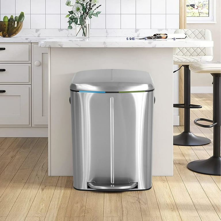 Dkelincs Kitchen Step Trash Can with Lid Double Barrel 10 Gallon Stainless  Steel Garbage Can, Silver