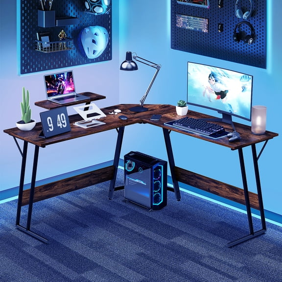 Dkelincs L Shaped Gaming Desk, 50.4" Corner Computer Desk PC Game Table with Monitor Stand Large Desktop for Home Office Study Writing Workstation, Brown