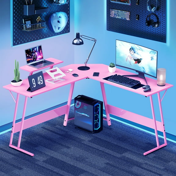Dkelincs L Shaped Gaming Desk, 50.4" Corner Computer Desk PC Game Table with Monitor Stand Large Desktop for Home Office Study Writing Workstation, Pink