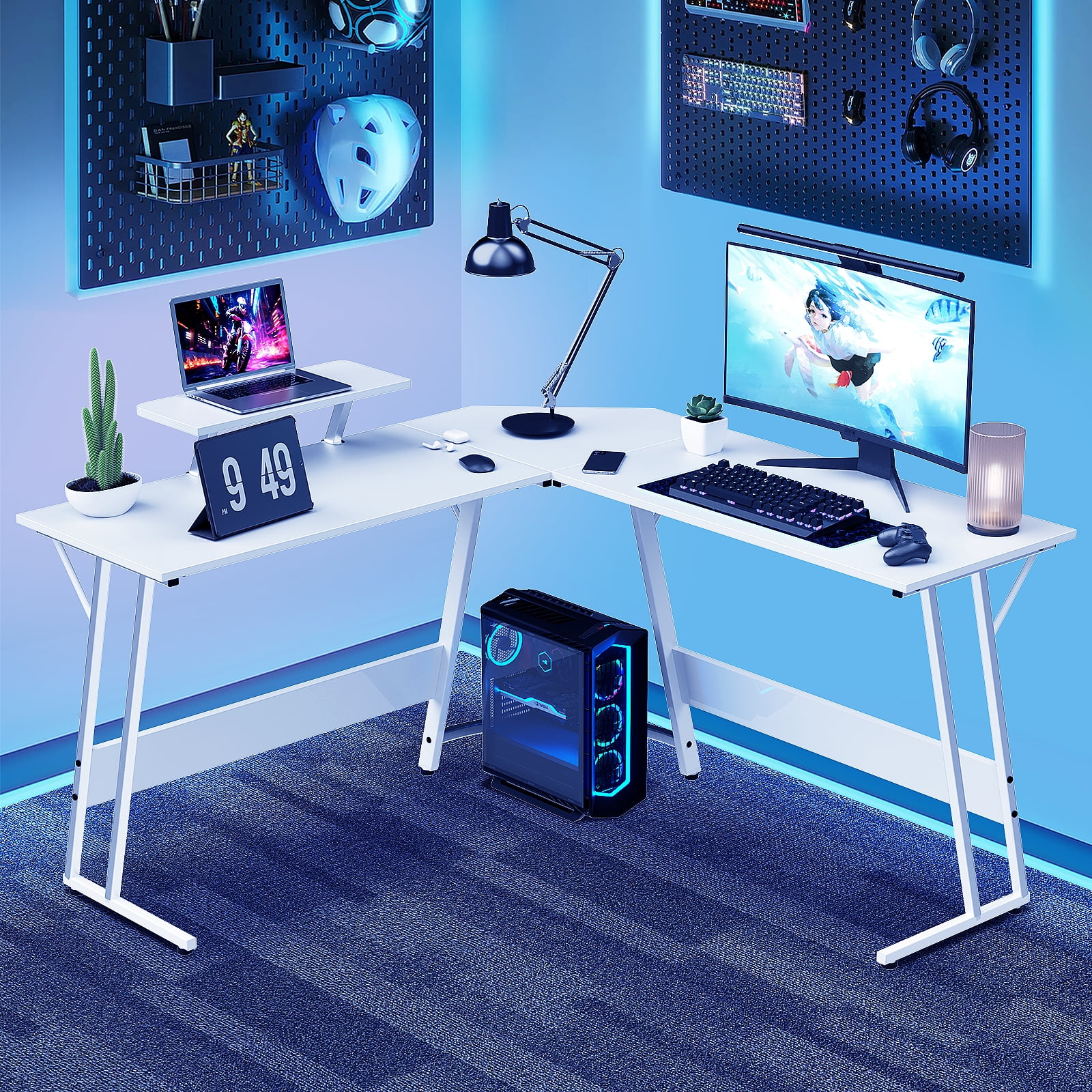 Dkelincs L Shaped Gaming Desk, 50.4" Corner Computer Desk PC Game Table with Monitor Stand Large Desktop for Home Office Study Writing Workstation, White
