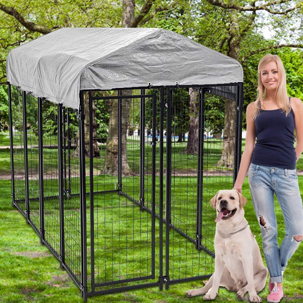 Dkelincs Large Dog Kennel 8'L x 4'W x 6'H Heavy Duty Outdoor Dog Crate Cage with Roof and Waterproof Cover, Black