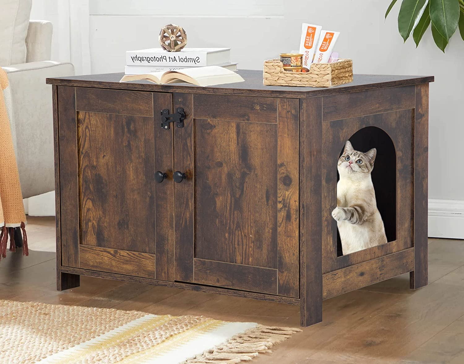 Dkelincs Litter Box Cabinet, Cat Litter Box Furniture Hidden, Large Litter House Enclosure with Removable Divider, Wooden Cat Washroom, Storage Cabinet Decorative Pet Crate House for Cats Kitty