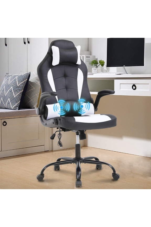 Massage Gaming Chair Video Game Chair Ergonomic Computer Office Desk Chair with a Vibrator Lumbar Support, Headrest,Flip up Armrest, White