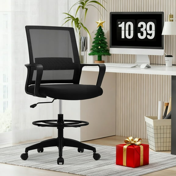 Dkelincs Mesh Ergonomic Drafting Chair Adjustable Tall Office Chair with Lumbar Support Arms Footrest Swivel Rolling Computer Desk Chair (Black)