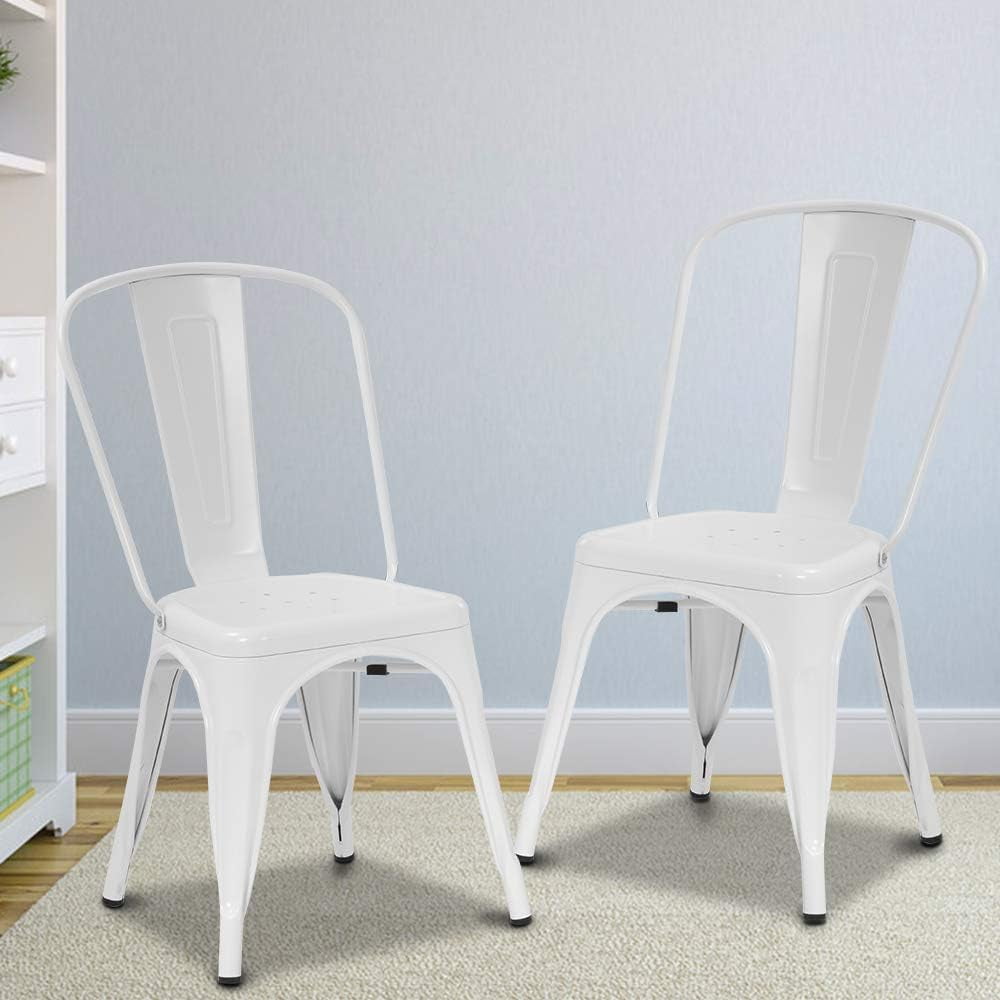 White Metal Stackable Dining Chairs Set of 2 with Solid Back