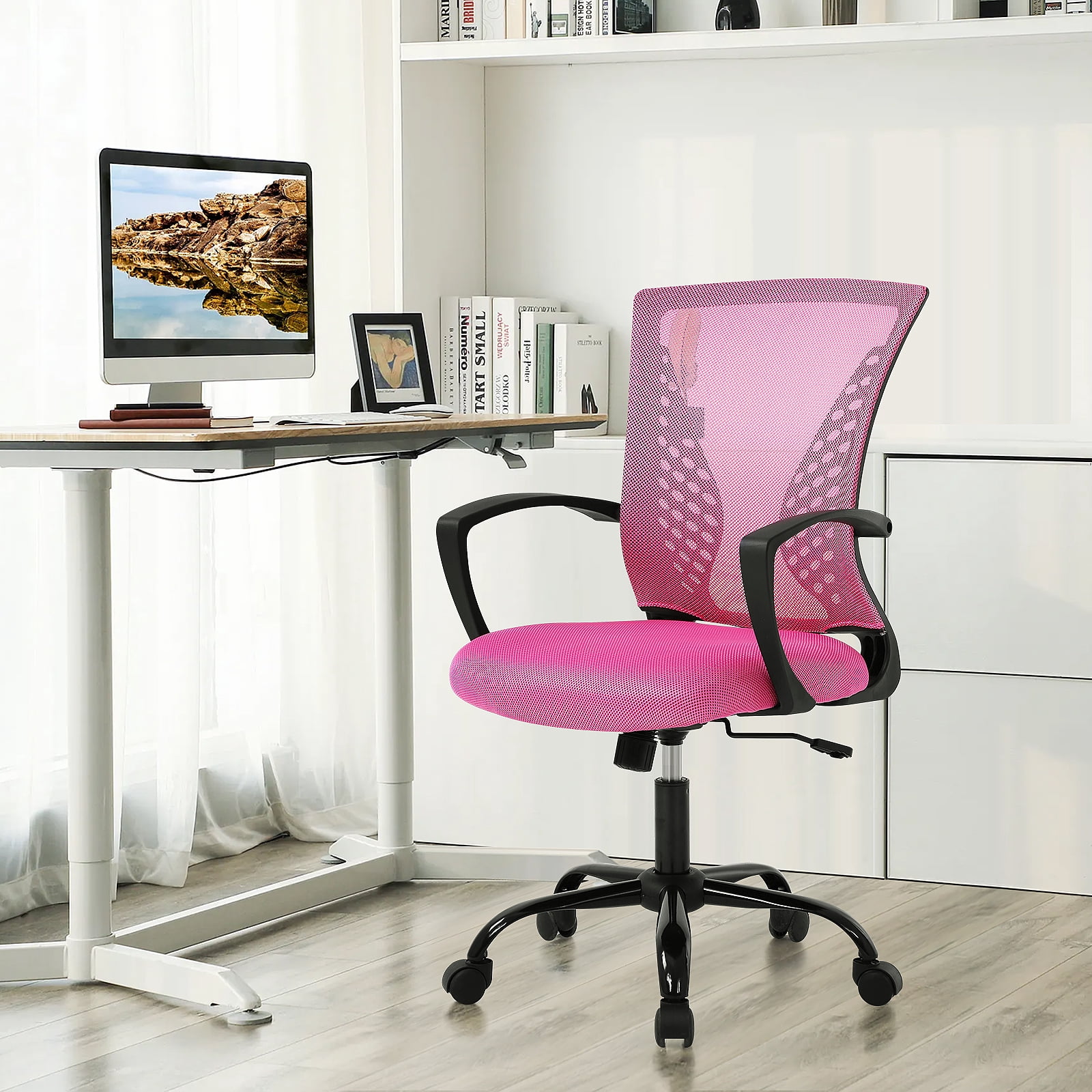 Dkelincs Office Desk Chair Adjustable Mesh Mid Back Office Chair Ergonomic Computer Chair with Lumbar Support & Wheels,  Pink