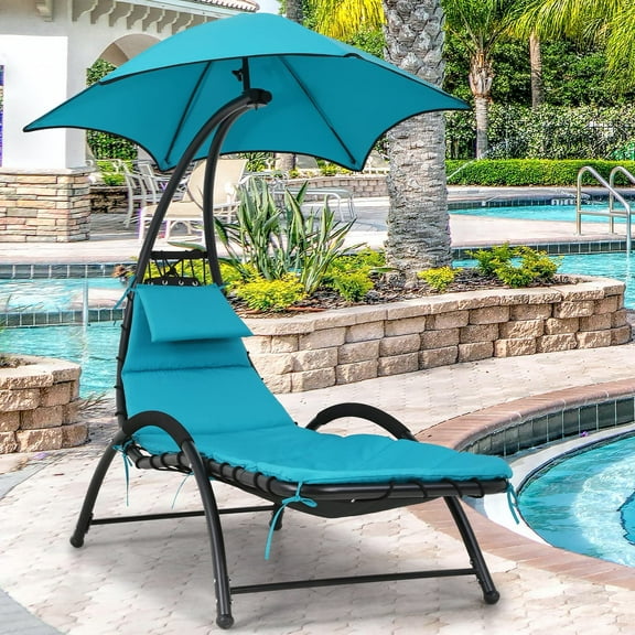 Dkelincs Outdoor Hammock Chair with Stand-Patio Swing Chair Stand-Alone Hammock Swing with UV Resistant Canopy, Removable Cushion for Outside and Inside, Blue