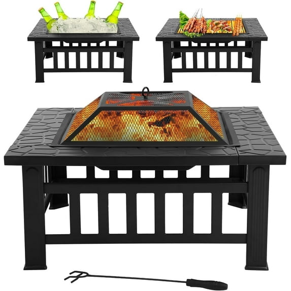 Dkelincs Outdoor Metal Firepit Wood Burning, 32 inch Heavy Duty Multi-Purpose Square BBQ Fire Pit Stove with Outside Fireplaces Camping and Poker for Backyard Garden