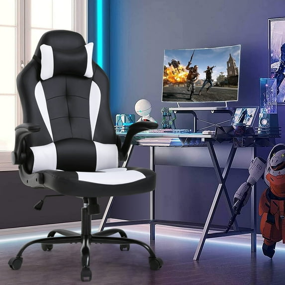 Dkelincs PC Gaming Chair Ergonomic Office Chair with Lumbar Support Flip Up Arms Headrest Adjustable Computer Desk Chair for Adults, White