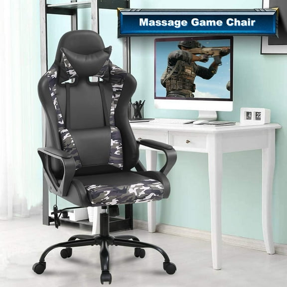 Dkelincs PC Gaming Chair Massage Computer Desk Chair with Headrest Adjustable Office Chair with Armrest & Massage Lumbar Support for Teens & Kids, CAMO