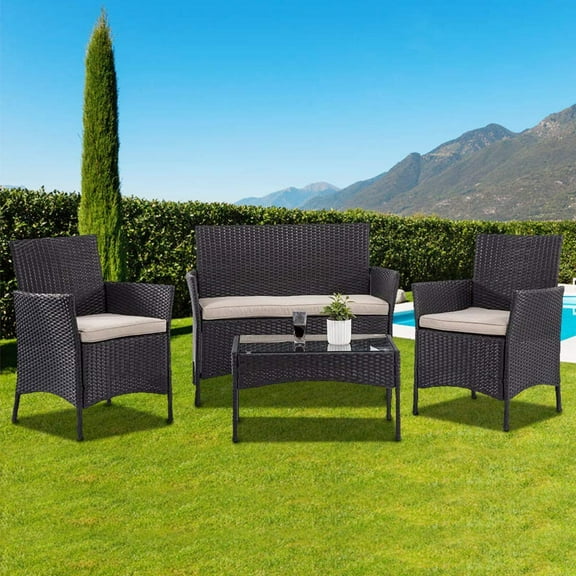 Dkelincs Patio Rattan Furniture Set of 4 Wicker Conversation Set Poolside Lawn Chairs Backyard Porch Garden Balcony Furniture with Table, Black
