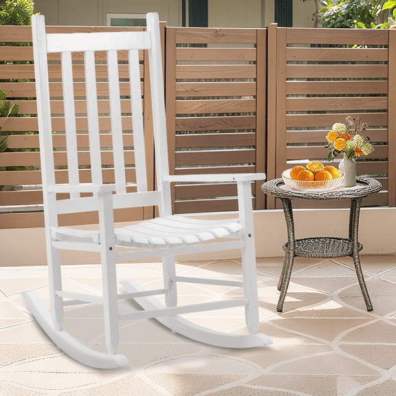 Dkelincs Patio Wood Rocking Chair Outdoor Porch Rocking with High Back and Handrail 243 lbs Capacity for Garden Lawn, White