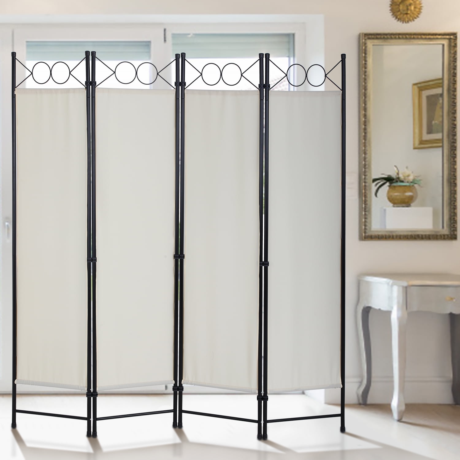 Dkelincs Room Dividers Folding Privacy Screen with 4 Panels Steel Frame Living Room Divider for Living Room,Office Use, Beige