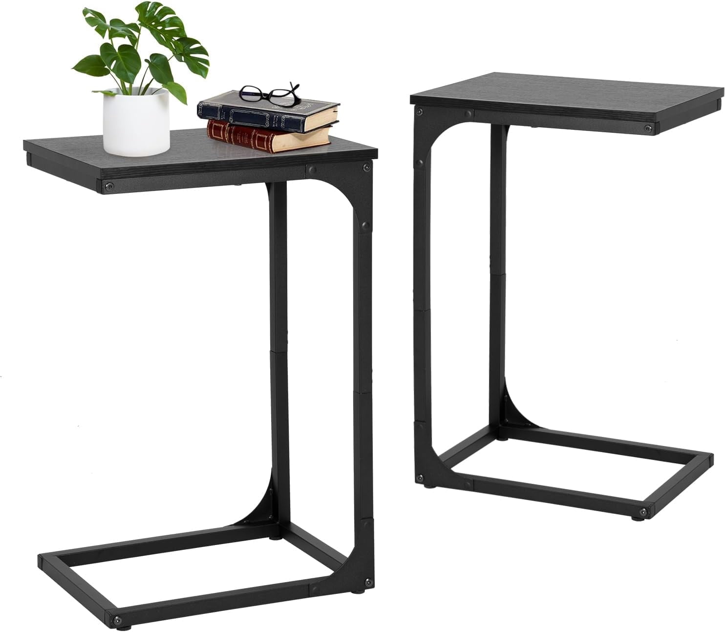 Dkelincs Set of 2 C Shaped Metal End Table with Adjustable Feet, Small Sofa Couch Side Table for Living Room Bedroom, Black