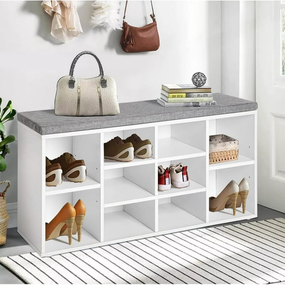 Dkelincs Shoe Bench Entryway Bench with Shoe Storage Shoe Rack Organizer 10 Compartments Storage Bench with 1.2 inch Cushion Adjustable Shelves for Entryway,Living Room, Bedroom (White)