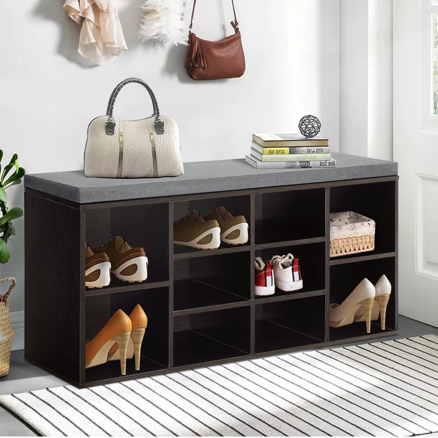 Dkelincs Shoe Bench with Shoe Storage Shoe Rack Organizer 10 Compartments Storage Bench with 1.2 inch Cushion Adjustable Shelves for Entryway,Living Room,Bedroom (Black)