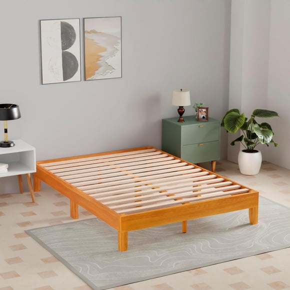 Dkelincs Solid Wood Bed Frame with Large Storage, No Box Spring Needed, Noise-Free, Without Headboard, Easy Assembly - Wooden Platform Bed Full Size, Brown