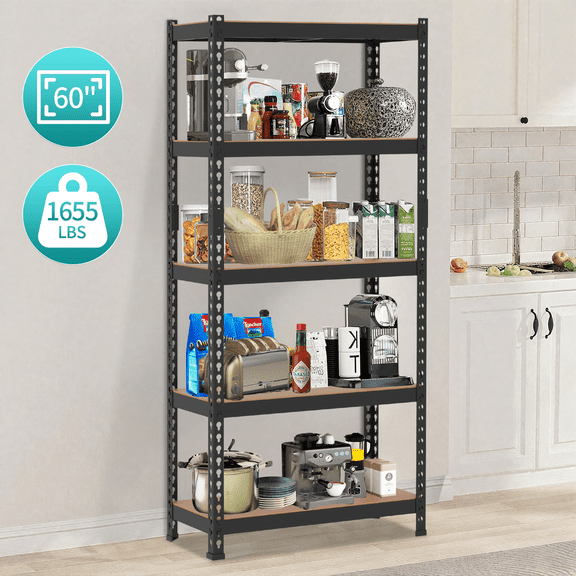 Dkelincs Storage Shelves 5 Tier Adjustable Garage Wire Shelving 1655 lbs Capacity Heavy Duty Metal Shelf with MDF Boards, Black